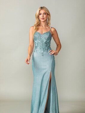 New Sage Romantic Sequins Embellished Long Formal Dress w/ Leg Slit DQ 4375